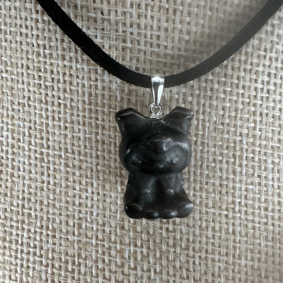 Silver Sheen Obsidian Kuromi Bead Pendant on Silver Bail and Faux Suede - Picture 4 of 9
